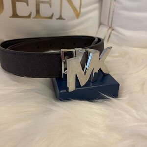 Michael Kors Brown Leather Buckle Belt Silver hardware logo size 30
